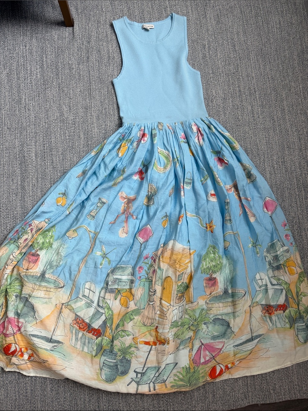 Moon River Light Blue Sleeveless Midi Dress with Seaside Print Skirt
